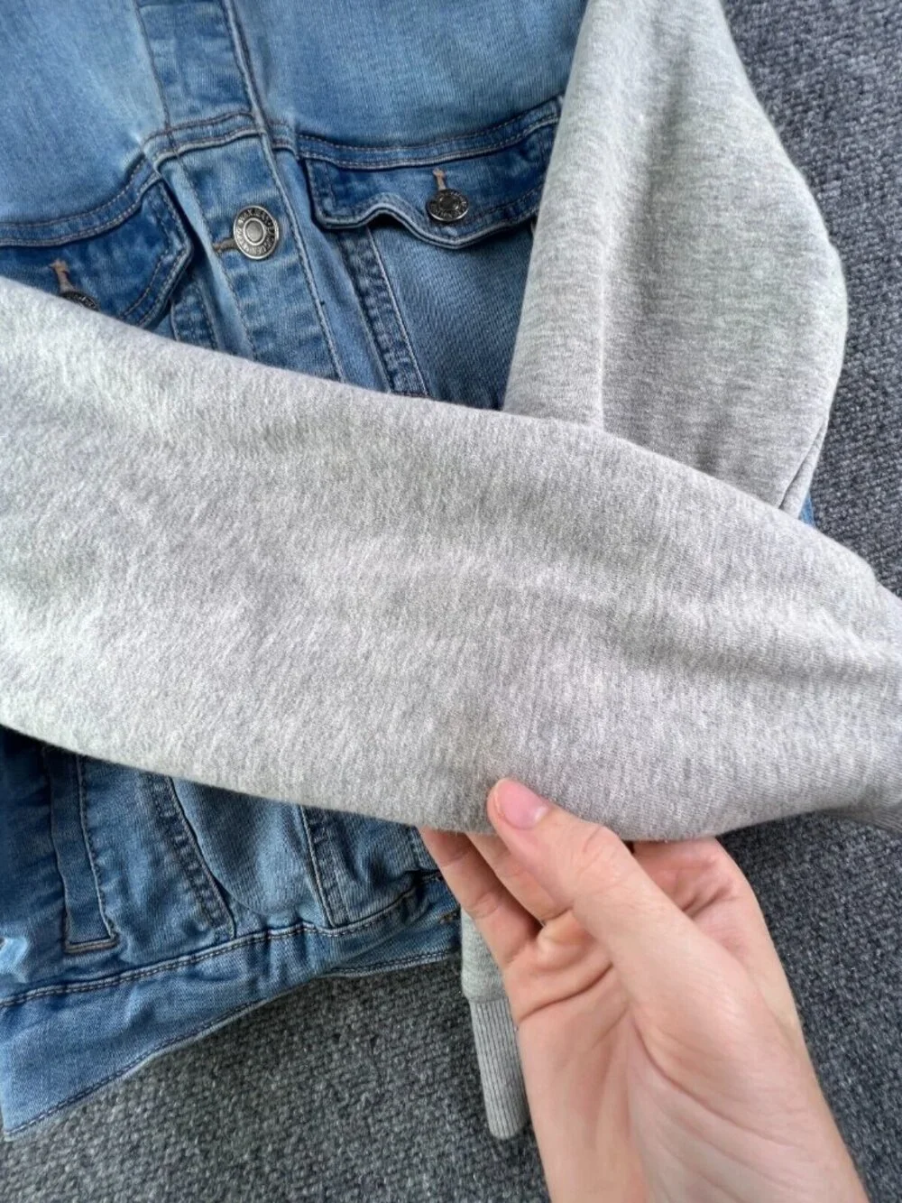 Wax Jean Denim Jacket Blue Gray Girls Large Stretch Buttons Long Sleeve Hooded